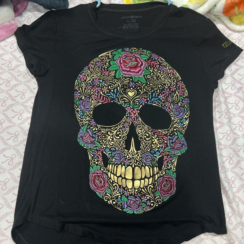 Black Tee with Colorful Skull Design